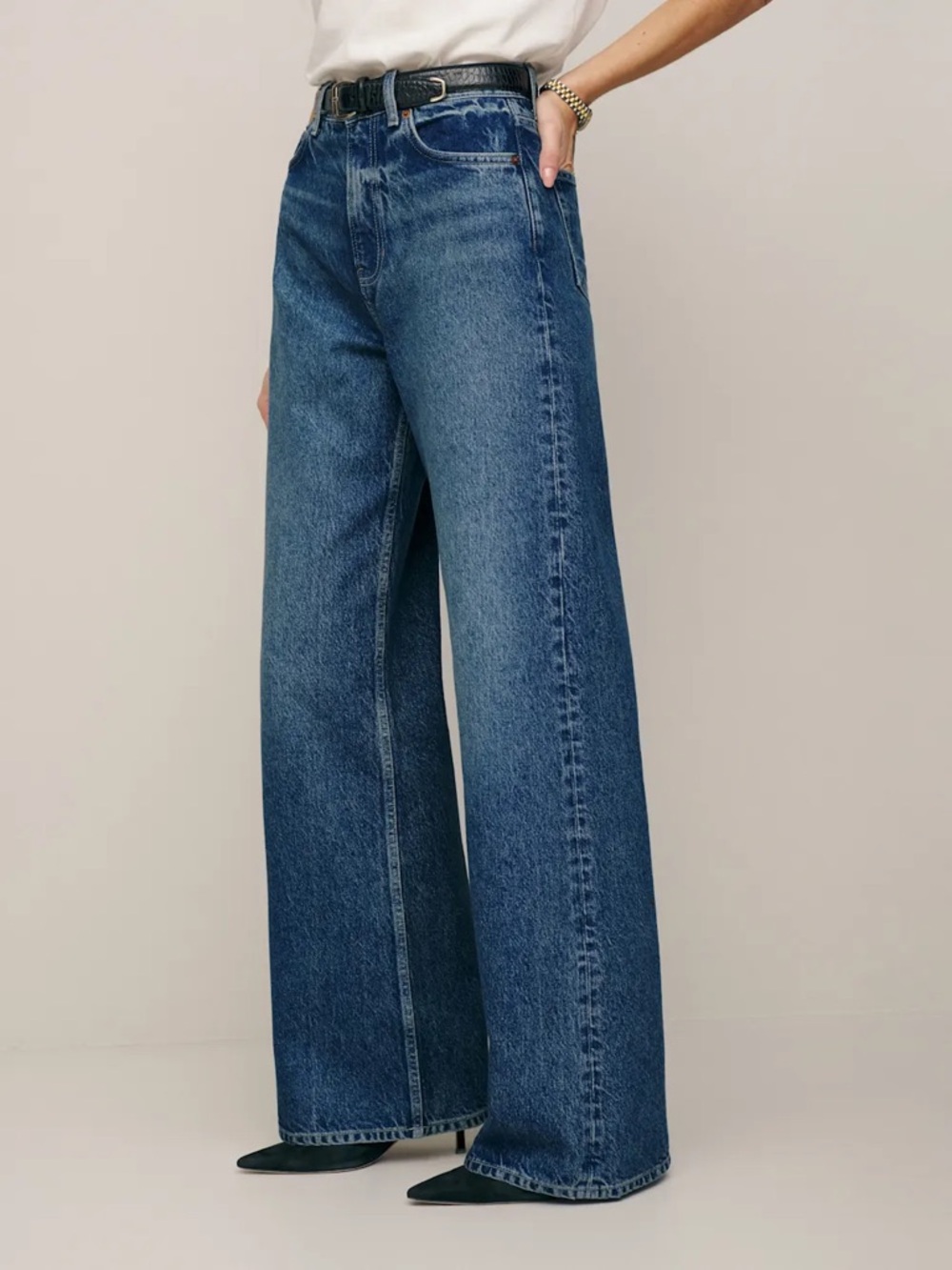 Reformation Dark Blue Wide-Leg Flare Jeans